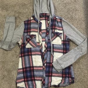 Button up hooded Plaid shirt